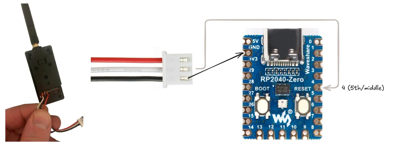 RP2040 to TX wiring: white (signal) and black (GND)