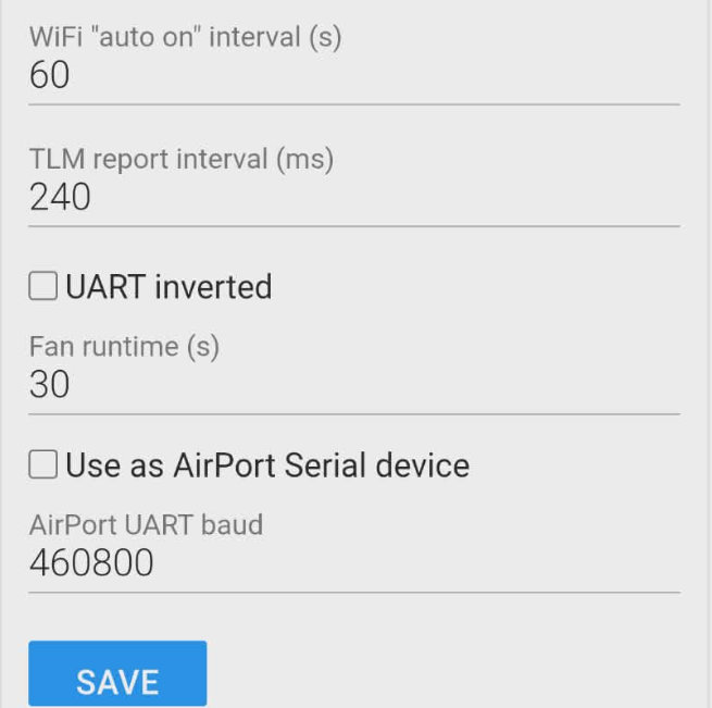 ELRS configuration screen